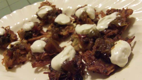 Bacon potato pancakes with Granny Smith apple and green tomato chutney and sour cream