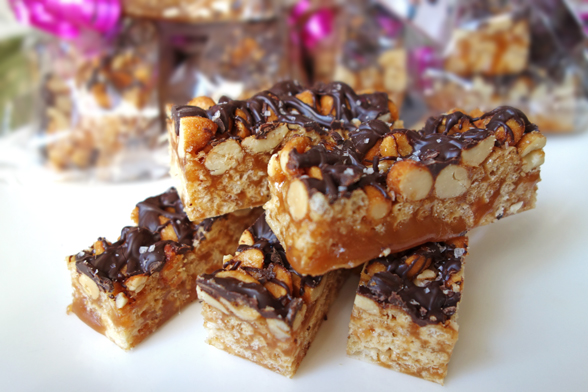 Salted Chocolate Honey Roasted Peanut Caramel Crunch Bars