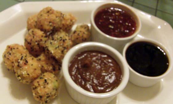 Panko Crusted Sesame Scallion Shrimp Balls with a trio of dipping sauces