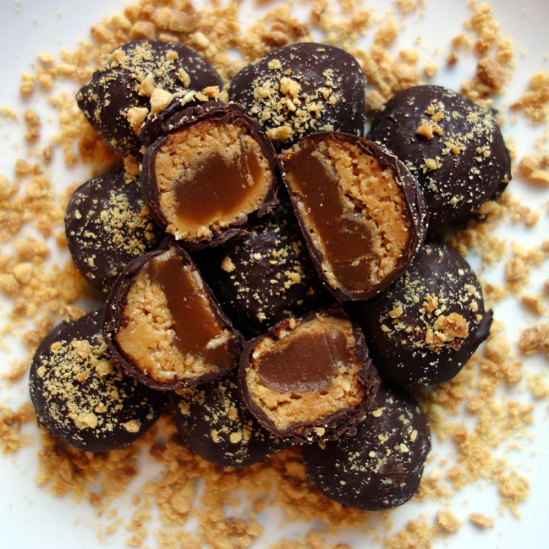 Chocolate Covered Peanut Butter-Coconut-Honey-Caramel Balls