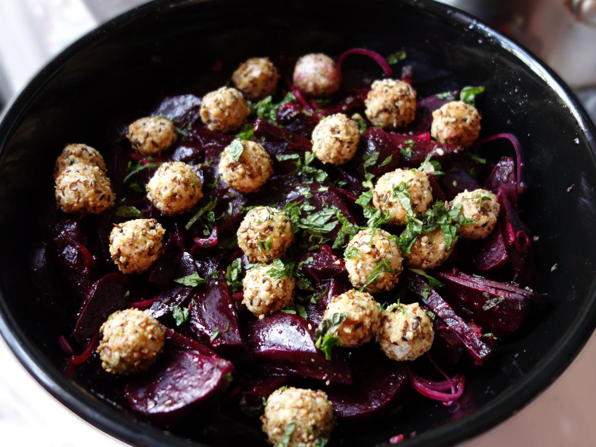 Roasted Beet Salad With Dukkah Crusted Labne Balls & Preserved Lemon Dressing