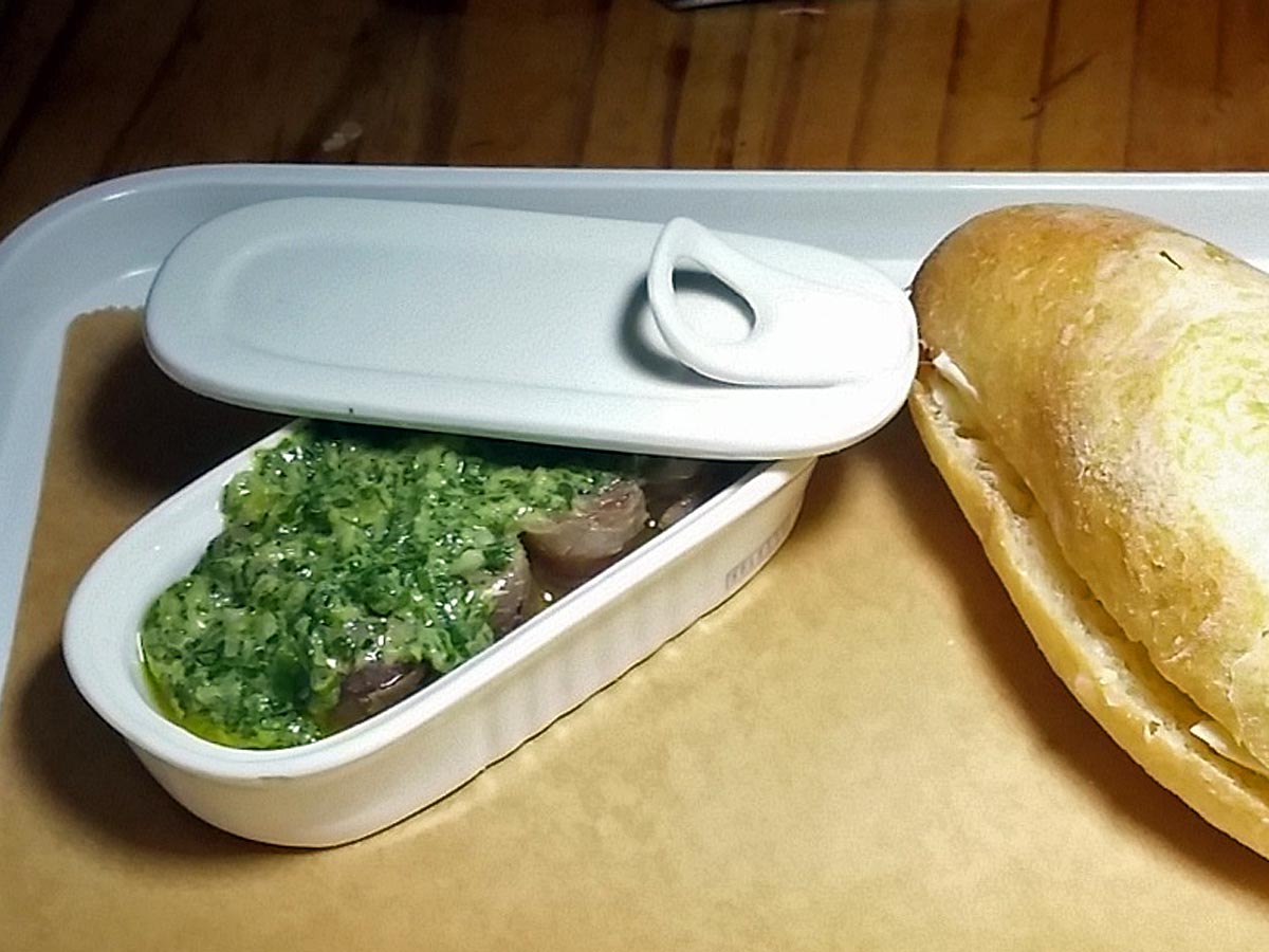 Take A Bow!: Anchovies with salsa verde, bread and butter